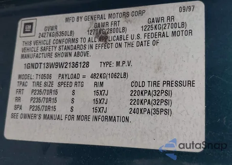 1998 Chevrolet Blazer Lt z USA, uszkodzony, nr VIN 1GNDT13W9W2136128